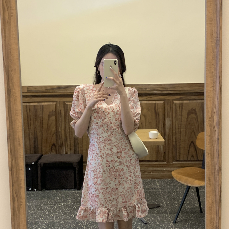 Real price ~ New Korean slim spring summer V-neck Chiffon Floral Dress