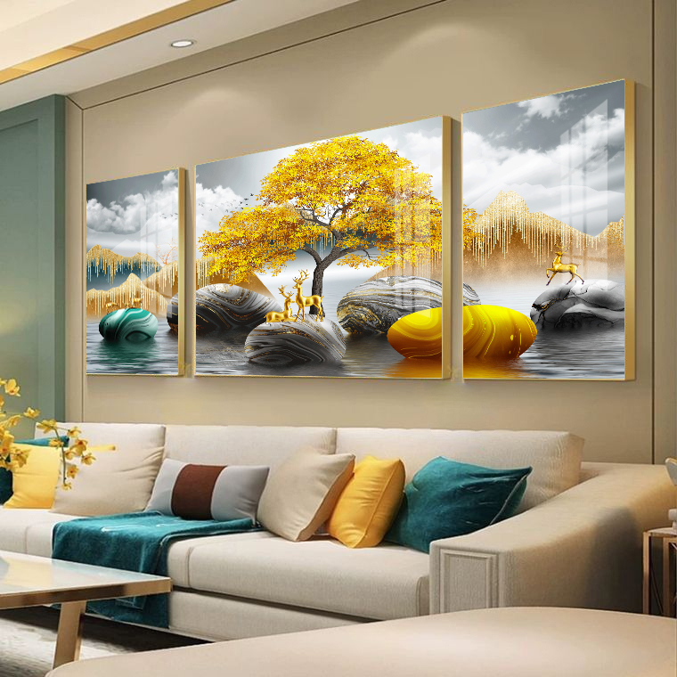 轻奢客厅装饰画现代简约沙发背景墙三联挂画高档大气晶瓷镶钻壁画图片