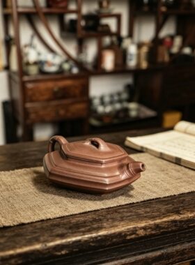 宜兴紫砂壶 六方竹鼓壶原矿老紫泥料半手工制作160毫升功夫茶茶具