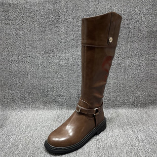 断码 处理复古擦色西部牛仔靴女圆头皮带扣骑士靴粗跟百搭高筒靴女