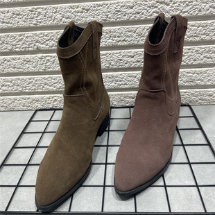 靴 瘦瘦靴西部牛仔靴短筒时装 断码 处理复古粗跟真皮短靴女秋冬新款
