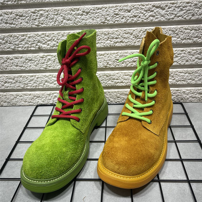 断码处理牛皮系带短靴女