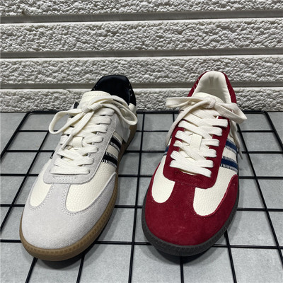 圆头系带真皮拼接德训鞋女