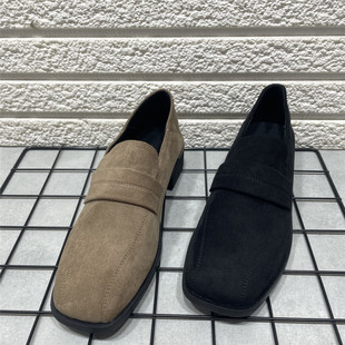 断码处理韩版方头粗跟一脚蹬乐福鞋女冬季加绒保暖百搭简约豆豆鞋