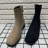 断码 靴 加绒方头瘦瘦靴后拉链时装 处理法式 复古绒面粗跟短靴女冬季