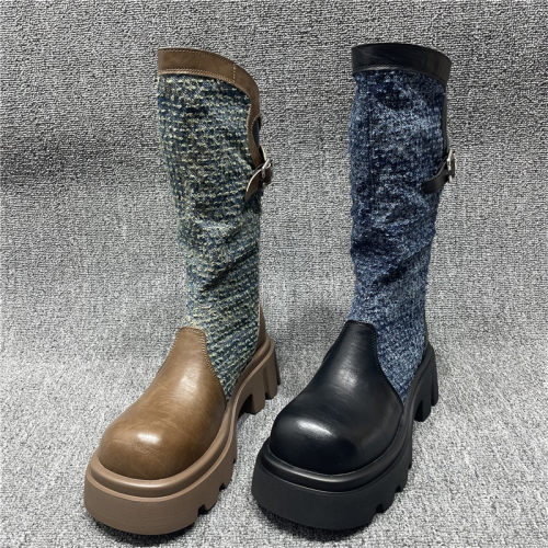 拼接中筒靴秋冬款单靴子女