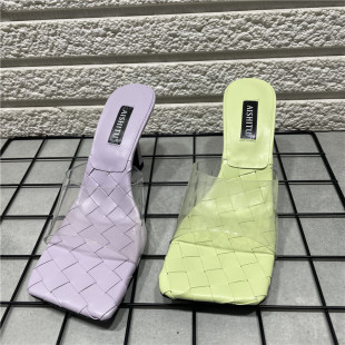 露趾细跟高跟拖鞋 新款 女透明胶片一字带外穿凉拖 处理2025夏季 断码