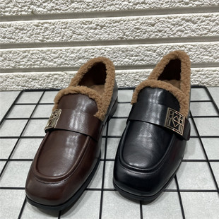 断码处理冬季新款一脚蹬乐福鞋低跟单鞋加绒保暖毛毛棉鞋小皮鞋女