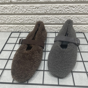 处理法式 软底毛毛鞋 加绒一字带玛丽珍鞋 保暖平底芭蕾鞋 女冬季 断码