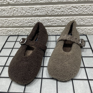 处理法式 加绒棉鞋 毛毛鞋 一字带玛丽珍鞋 女 女冬外穿平底芭蕾鞋 断码