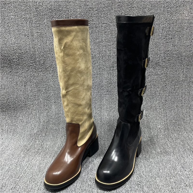 小众拼接英伦风皮带扣高筒靴