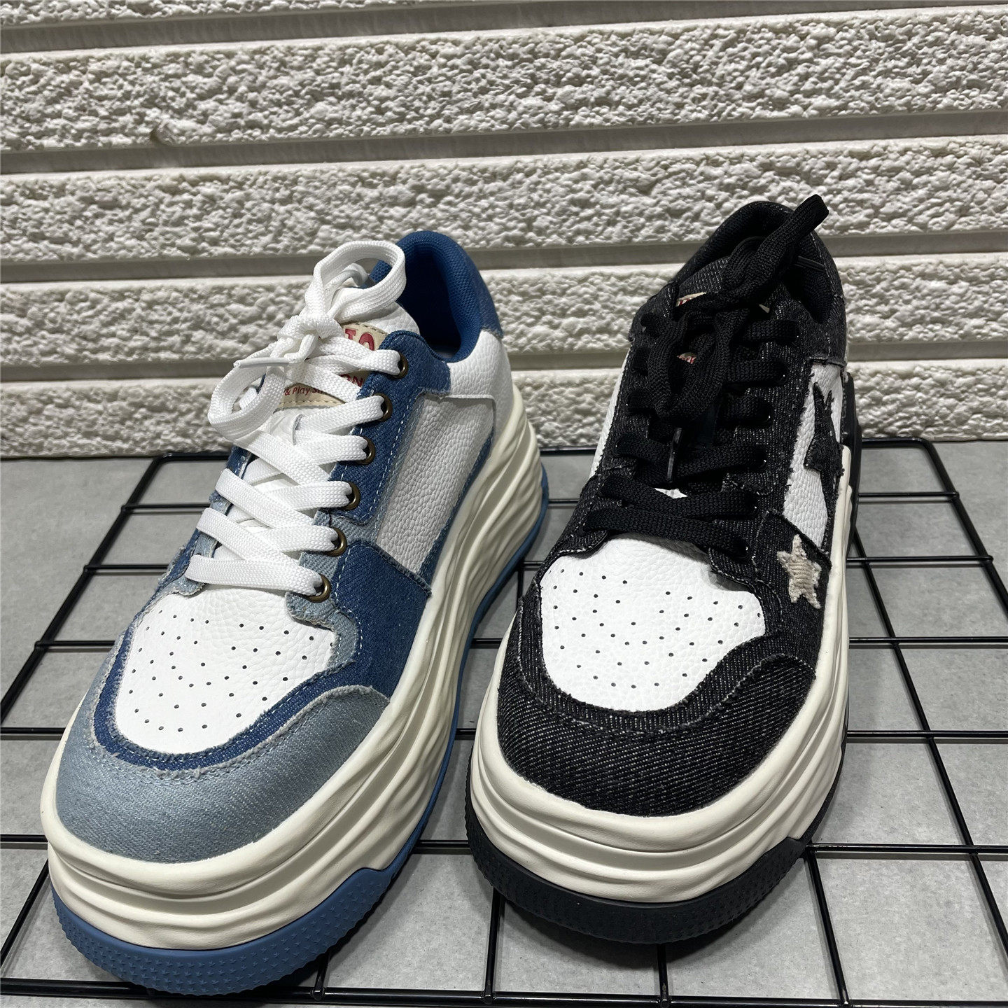 断码处理春季真皮厚底休闲板鞋女星星拼色时尚学生运动鞋40大码鞋