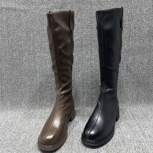 断码 加绒粗跟中跟圆头后拉链骑士靴高筒靴 处理显瘦秀气长靴女冬季