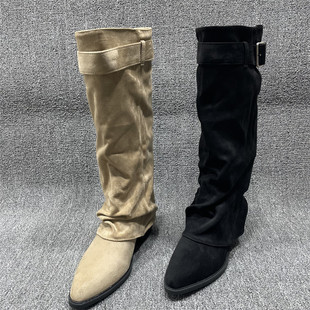 断码 靴复古废土风皮带扣女长靴百搭骑士靴 处理堆堆靴粗跟尖头时装