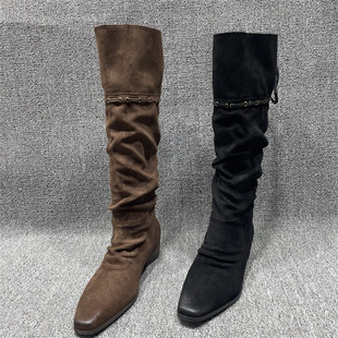 断码 方头擦色粗跟西部高筒骑士长靴 处理复古绒面堆堆靴女秋冬新款