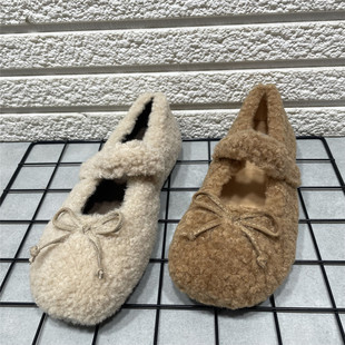 女蝴蝶结加绒保暖毛毛鞋 平底一字带魔术贴玛丽珍鞋 处理秋冬款 断码