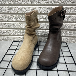 秋冬季 粗跟复古中筒靴骑士靴女鞋 显瘦堆堆小短靴 处理秋冬新款 断码