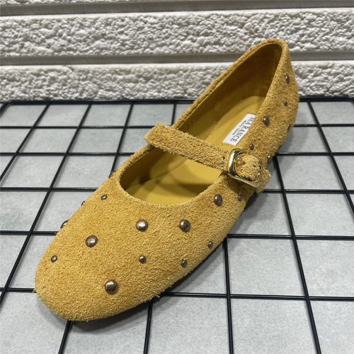 复古风铆钉玛圆头真皮丽珍鞋女