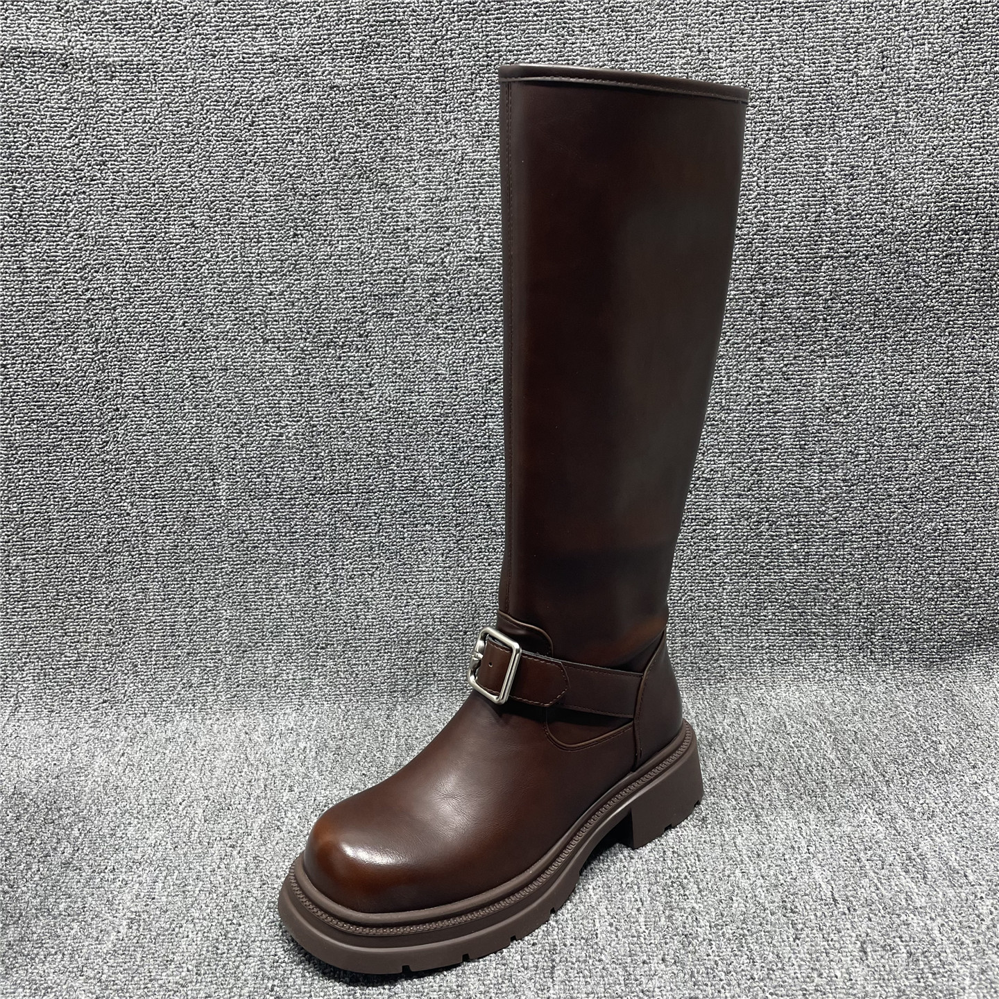 不过膝复古软皮骑士靴女