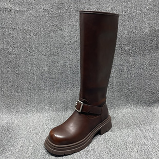断码 处理不过膝复古软皮骑士靴女厚底显瘦大筒围皮带扣高筒长靴女