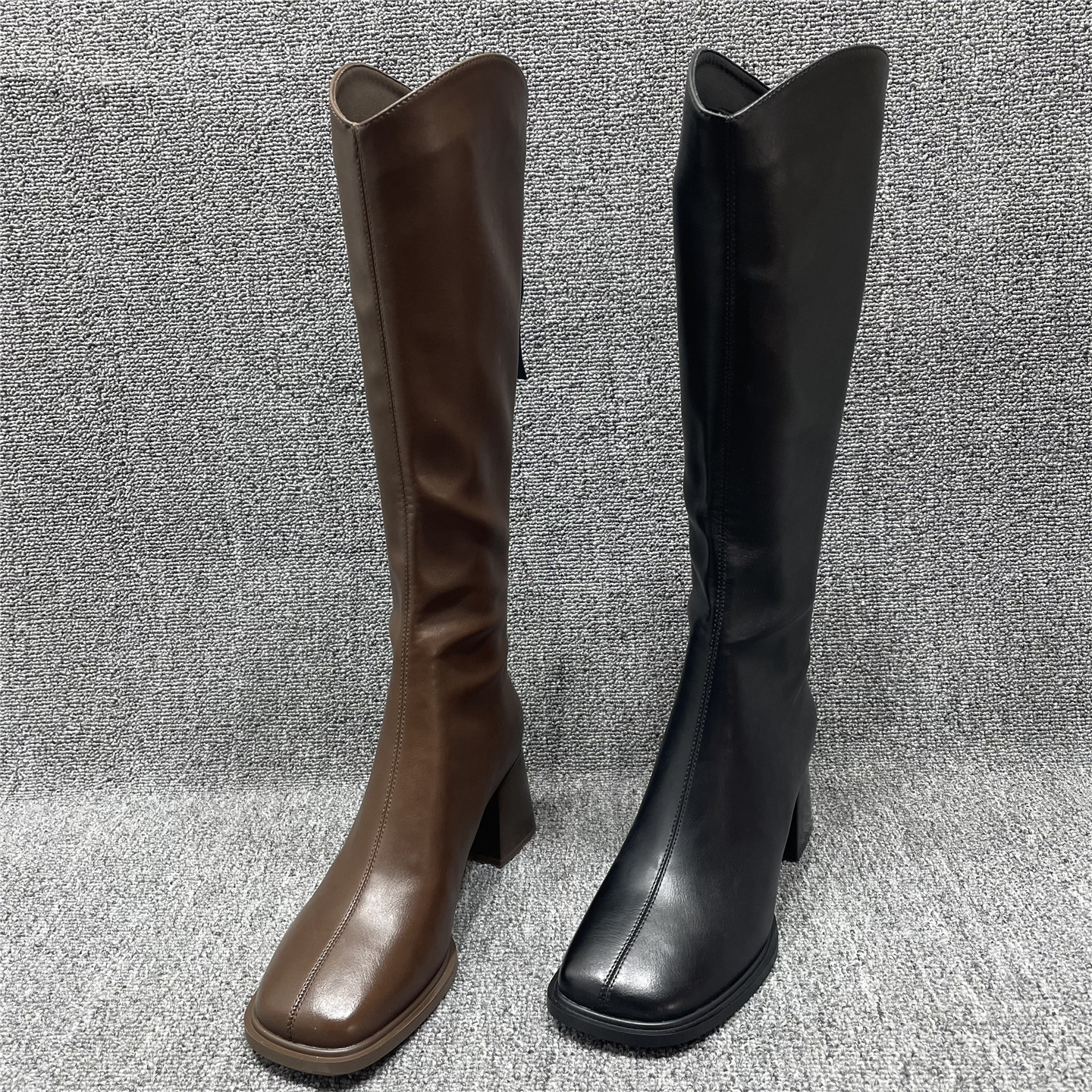 秋冬新款粗跟软皮后拉链骑士靴女