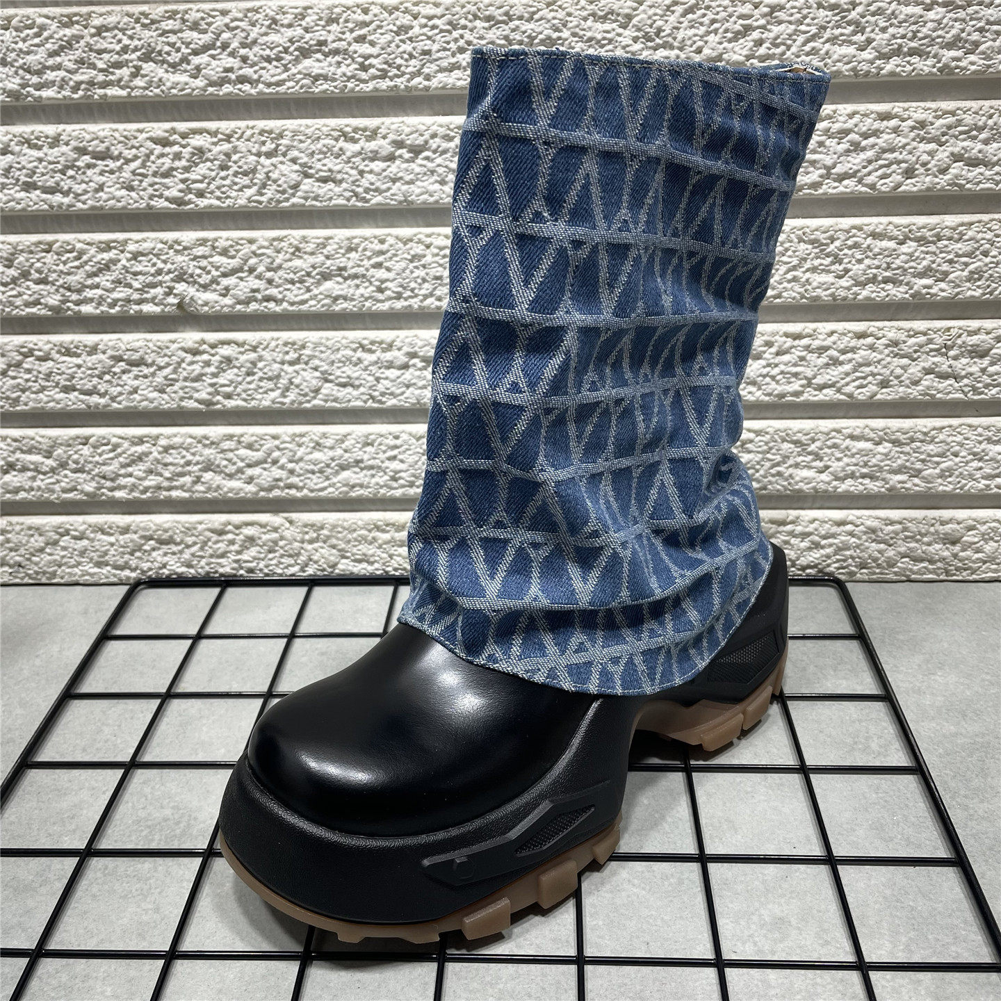 断码处理秋冬新款圆头厚底中筒靴女套筒真皮增高显瘦牛仔布裤管靴