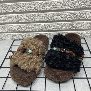 民族风外穿孕妇一字棉拖 女2025秋冬新款 断码 处理羊卷毛厚底毛毛鞋