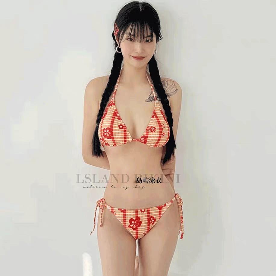 源头网红高颜值橘色比基尼碎花性感泳衣女度假海边温泉泳装