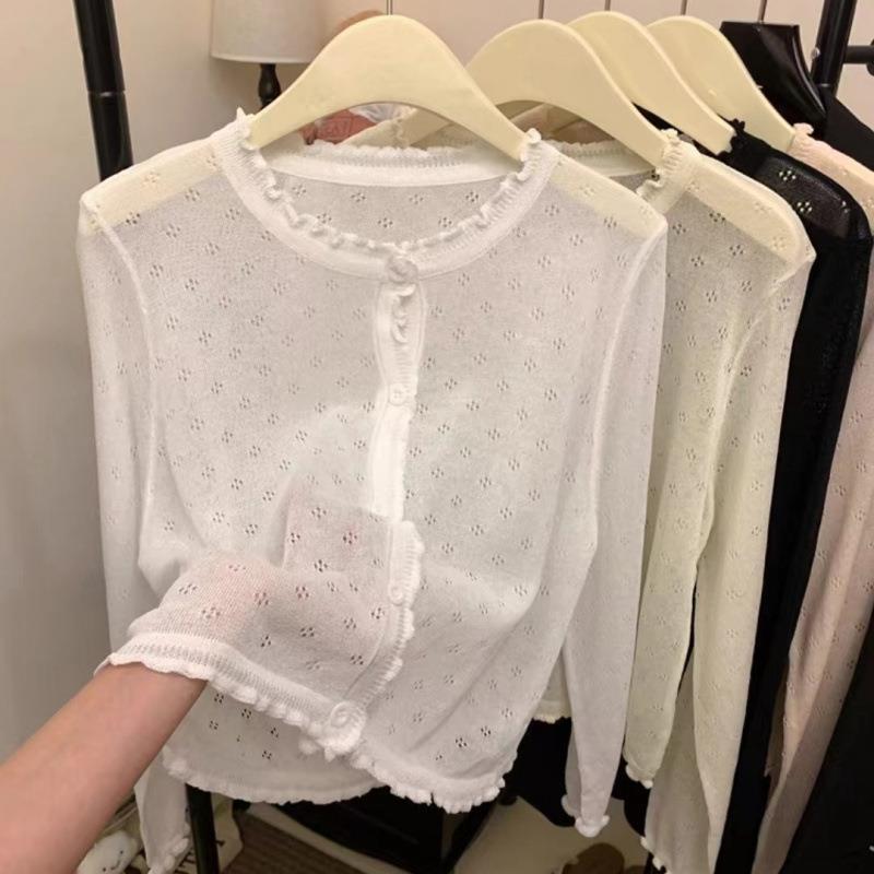 夏季花边长袖针织开衫薄款女披肩外搭配吊带裙子冰丝防晒开衫上衣