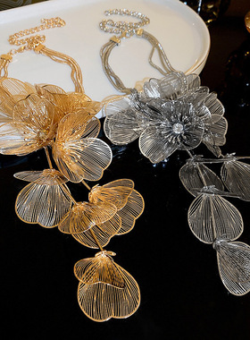 热销花朵耳环项链套装欧美夸张女金属感高级流苏耳环舞会礼服配饰