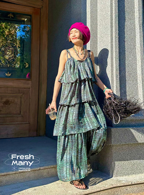 夏日碧波仙女旋转裙 法式浪漫荷叶边慵懒吊带连衣裙高级显瘦长裙