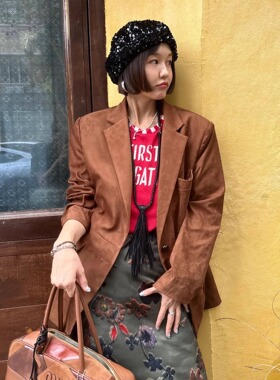 古董级别老钱风棕色美拉德进口麂皮绒西装宽松时髦复古高级感外套