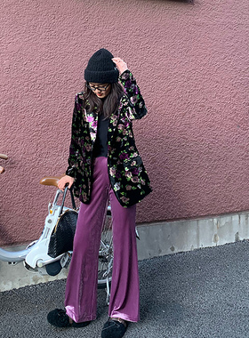 冬日一抹温柔紫 高级丝绒阔腿裤喇叭裤显瘦百搭高腰休闲裤女