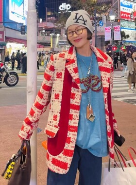 店主私服 游园糖果屋复古红玩味vintage拼接羊毛西装外套2024新款