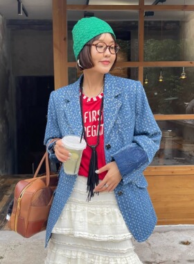 莫妮卡雅痞熟悉复古靛蓝流苏磨毛牛仔西装水洗港风慵懒休闲上衣女