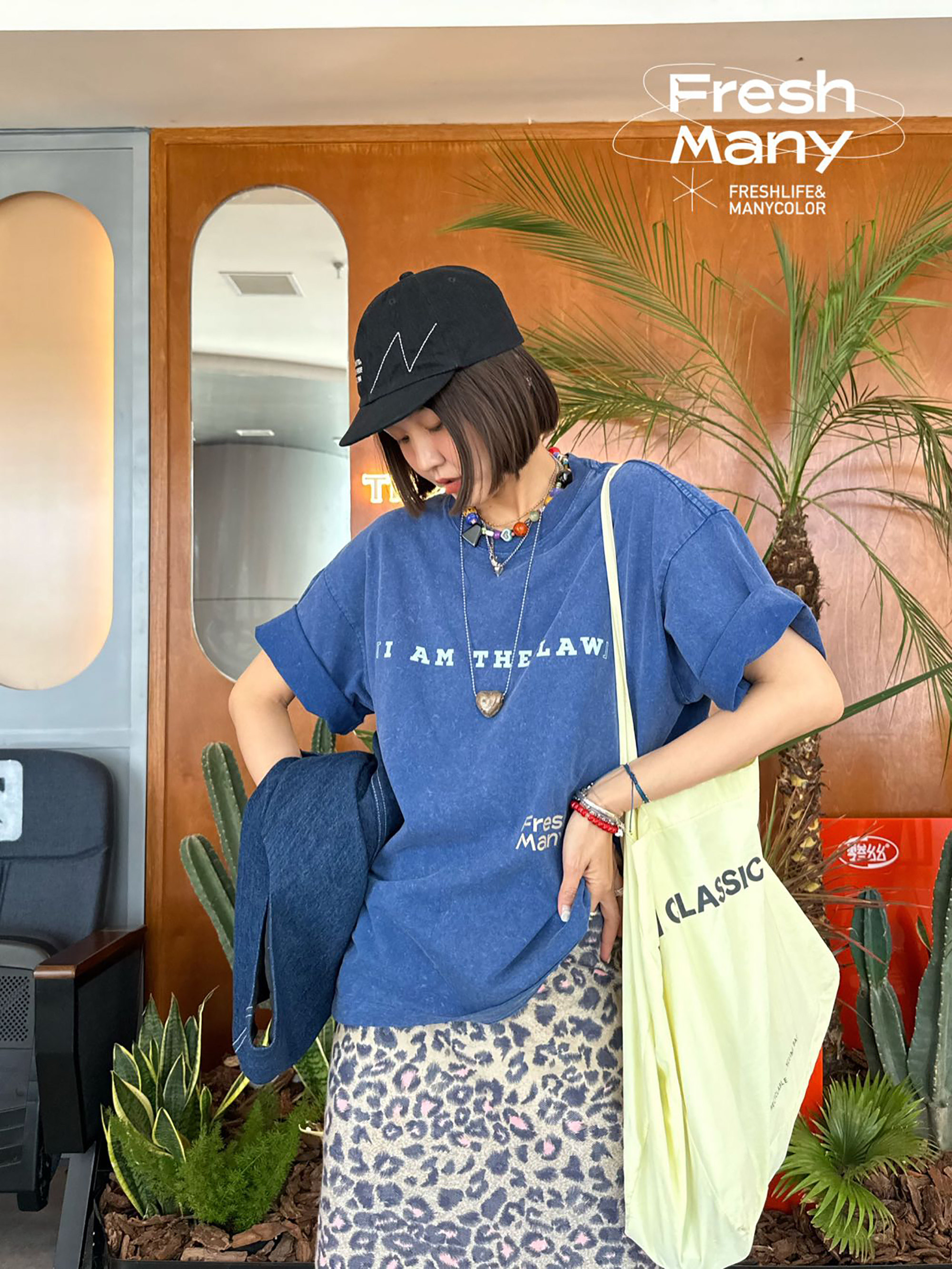 FreshMany 重磅牛仔水洗质感复古短袖T恤男女款纯棉水洗做旧上衣