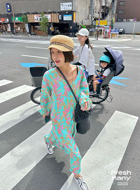 FreshMany薄荷曼波夏日一抹绿清爽印花连衣裙轻薄凉爽高级感长裙