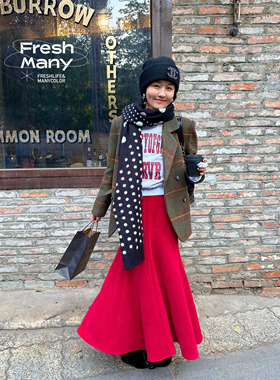 原创设计 法式复古时髦红色弹力显瘦鱼尾裙高腰半裙中长裙