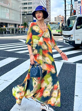 把花丛穿上身 艺术晕染鲜活色彩油画风连衣裙高级质感显瘦长裙