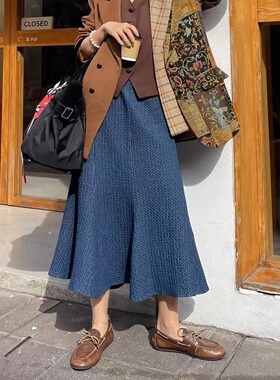 慵懒惬意设计感弹力牛仔半裙 高级港风复古单宁鱼尾裙中长款A字裙