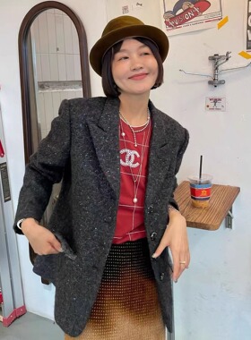 原创设计高级感重工拼接七彩珠片格雷灰西装vintage新年西服外套