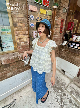 原创设计 日杂少女旋转蛋糕荷叶蕾丝短款衬衫百搭白色娃娃衫上衣