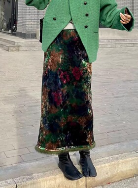 暮光森林优雅时髦艺术晕染丝绒半裙 高级小众高腰显瘦弹力直筒裙