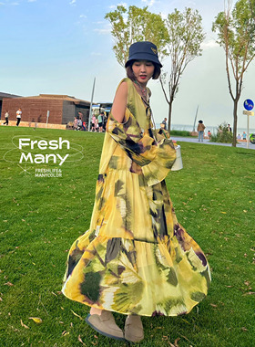 限量 落日余晖小众设计师面料法式气质飘逸显瘦连衣裙高级质感