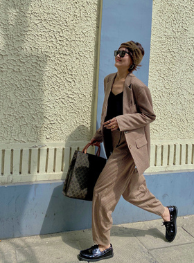 2024秋冬精纺羊毛格纹西装英伦风宽松上衣裤子套装配色真的爱了