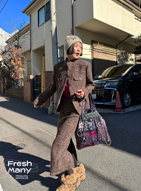 巧克力布朗尼 中古设计师面料进口羊毛呢休闲西服外套半身裙套装