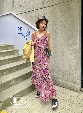 浪漫满屋 夏季法式花卉长裙碎花裙吊带裙高级感裙子中长款连衣裙
