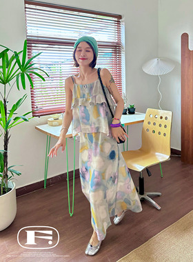 落日美丽漩涡～限量13套法式配色套装设计感吊带上衣+高腰鱼尾裙