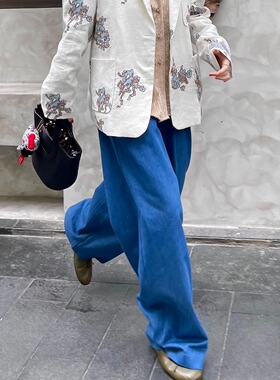 轻松随意四季可穿蓝色牛仔裤春夏美式街头阔腿裤港风直筒裤百搭裤