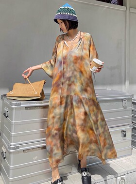 限量 鲜活色彩艺术馆油画风晕染连衣裙法式慵懒氛围感长裙2025夏